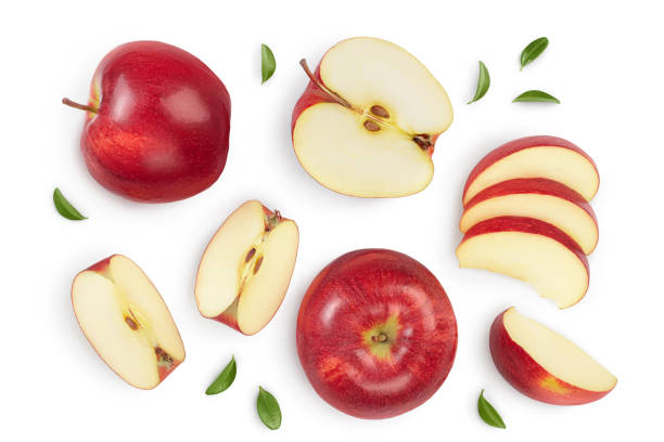 흰색 배경에 반개의 고립 된 빨간색 사과와 클리핑 경로와 전체 깊이의 필드. 맨 위 보기입니다. 플랫 레이. 세트 또는 컬렉션 - apple 뉴스 사진 이미지