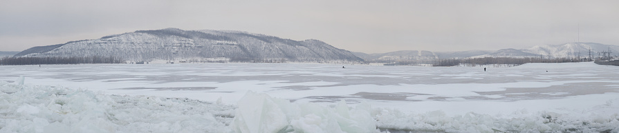 Volga is the most famous river of Russia covered with ice and snow in the region of the city of Togliatti. Although such ice and snowy hills can be in any other country, in Canada or somewhere in Germany =)) Panoramic shot