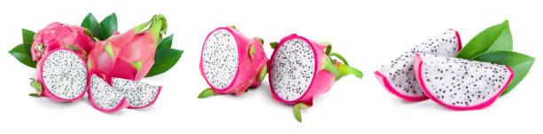 istock Ripe Dragon fruit, Pitaya or Pitahaya isolated on white background, fruit healthy concept. Set or collection 1254274050