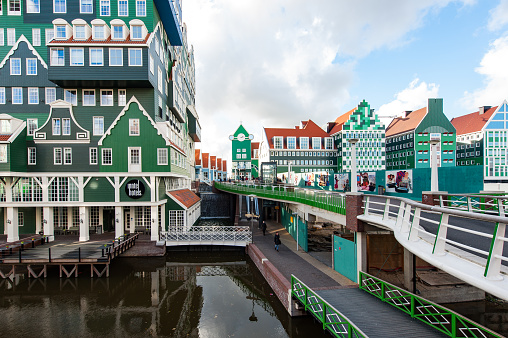 Part of the center of Zaandam and a hotel designed as a collection of houses from the Zaan region. The center of Zaandam has been rebuild in the old green housing style of this region of The Netherlands.