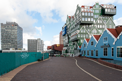 Hotel in Zaandam designed as a collection of houses from the Zaan region. The center of Zaandam has been rebuild in the old green housing style of this region of The Netherlands.