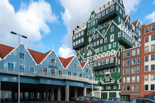 Hotel in Zaandam designed as a collection of houses from the Zaan region. The center of Zaandam has been rebuild in the old green housing style of this region of The Netherlands.