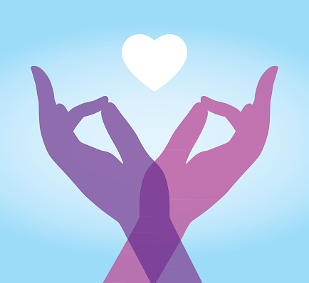 Vector illustration of two crossed transparent hands with a white heart above them on a gradient blue background.