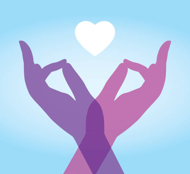 Crossed Meditation Hands With Heart Vector illustration of two crossed transparent hands with a white heart above them on a gradient blue background. meditation hands stock illustrations