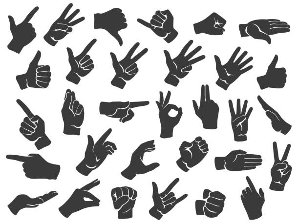 Hand gesture silhouette icons. Man hands gestures, pointing finger and thumbs up like icon stencil vector set Hand gesture silhouette icons. Man hands gestures, pointing finger and thumbs up like icon stencil vector set. Non verbal communication, body language signs, emotional expressions illustration sign language icon stock illustrations