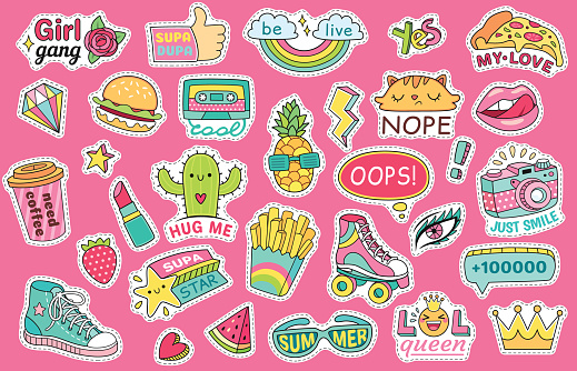 Fashioned girl badges, stickers with rainbow and burger, sneaker and glasses, lipstick and watermelon. Pins and patches isolated on pink background in comic style vector illustration