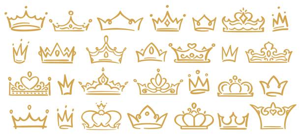 Gold sketch crowns, hand drown royal diadems for queen, princess, winner or champion. Crowns with decoration Gold sketch crowns, hand drown royal diadems for queen, princess, winner or champion. Crowns with various decoration, size and shape isolated on white background for logo, ad vector illustration queen crown stock illustrations
