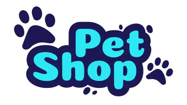 Vector illustration of Pet shop logo design template. Store with goods and accessories for animals label. Lettering with paws signboard