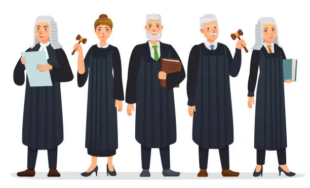 Vector illustration of Judges team. Law judge in black robe costume, court people and justice workers vector cartoon illustration