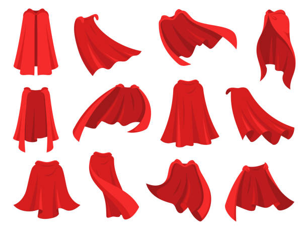 スーパーヒーローの赤いケープ。異なる位置、フロントバックとサイドビューでの緋色のファブリックシルククローク。マントル衣装、魔法のカバー漫画ベクトルセット - スーパーヒーロー点のイラスト素材／クリップアート素材／マンガ素材／アイコン素材