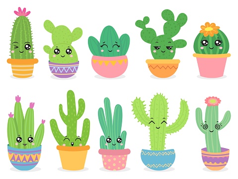 Conjunto DE Dibujos Animados Cactus Emoji Vector