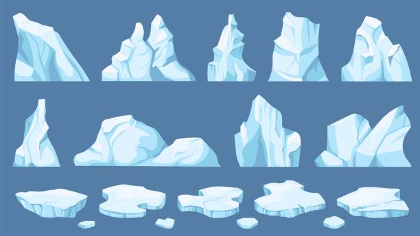 kreskówka arktyczny lód. góry lodowe, niebieskie flądry i kryształki lodu. lodowy klif, zimno zamarznięty blok o różnych kształtach do gry i zestaw wektorowy wystrój - iceberg ice mountain arctic stock illustrations
