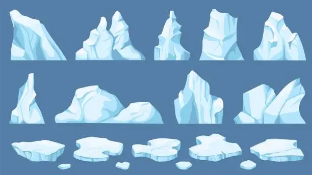 Vector illustration of Cartoon arctic ice. Icebergs, blue floes and ice crystals. Icy cliff, cold frozen block of different shapes for game and decor vector set