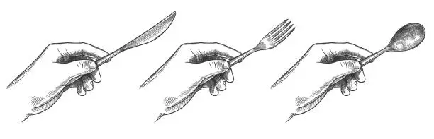 Vector illustration of Engraved hands holding cutlery. Hold in hand table knife, spoon and fork for eating food hand drawn vector illustration set