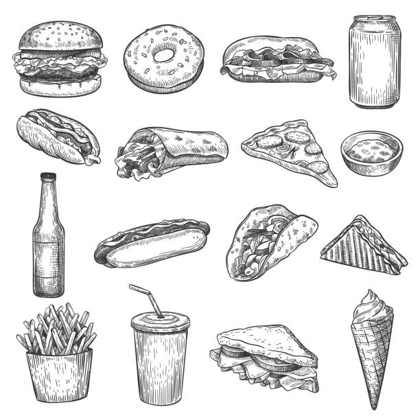 ilustraciones, imágenes clip art, dibujos animados e iconos de stock de esbozo de comida rápida. pizza, rosquillas y helados, patatas fritas y hamburguesa. conjunto de doodle vectorial de taco, cola y perrito, burrito y hamburguesa de queso - hamburger refreshment hot dog bun