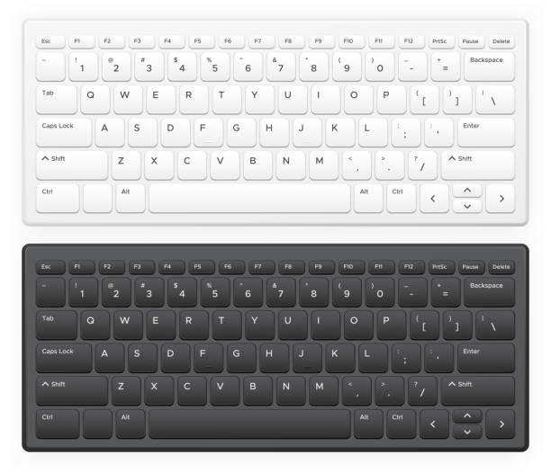Laptop keyboard. Notebook computer keys with english latin alphabet qwerty buttons keypad Realistic vector isolated template Laptop keyboard. Notebook computer keys with english latin alphabet qwerty buttons keypad Realistic vector isolated template. Wireless portable equipment for desktop, device for typing enter key stock illustrations