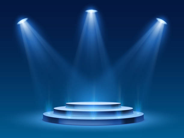 Scene podium with blue light. Stage platform with lighting for award ceremony, illuminated pedestal for presentation shows, vector image Scene podium with blue light. Stage platform with lighting for award ceremony, illuminated pedestal for presentation shows, vector image. Platform with steps and floodlight, searchlight with projector podium stock illustrations