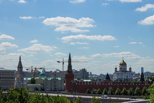 Panoramic view of the historical center of Moscow Russia and the Cathedral of Christ the Saviour on a clear summer day against a blue sky and space for copying
