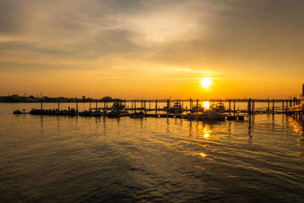 Sunset in the dock A view of a Sunset in the dock floating platform stock pictures, royalty-free photos & images
