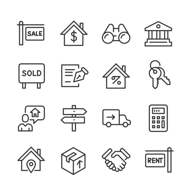 illustrazioni stock, clip art, cartoni animati e icone di tendenza di icone immobiliari — serie monoline - mortgage document