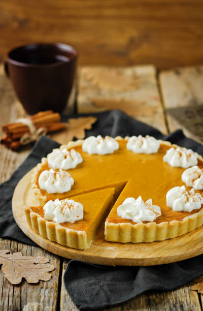 istock Pumpkin pie with whipped cream and cup of tea 1254279771
