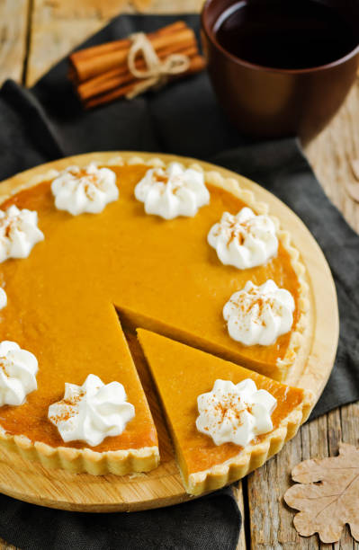 istock Pumpkin pie with whipped cream and cup of tea 1254280293