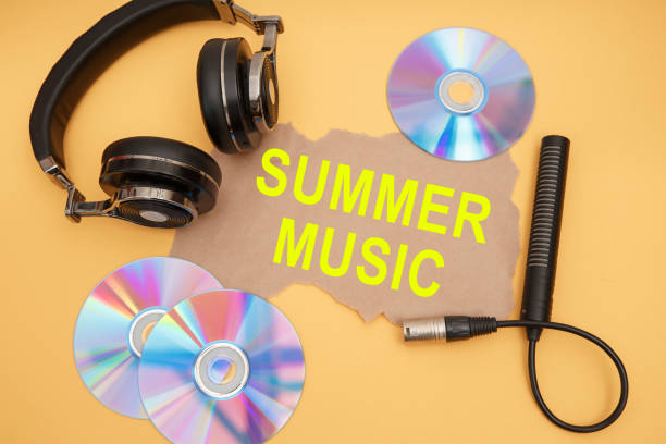 istock Headphones, microphone and music discs on a yellow background. 1254280553
