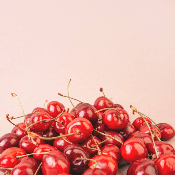 istock Handful of sweet cherry on a beige background. 1254280687
