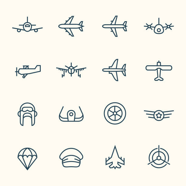 ilustraciones, imágenes clip art, dibujos animados e iconos de stock de iconos de líneas de aviación - small airplane air vehicle propeller