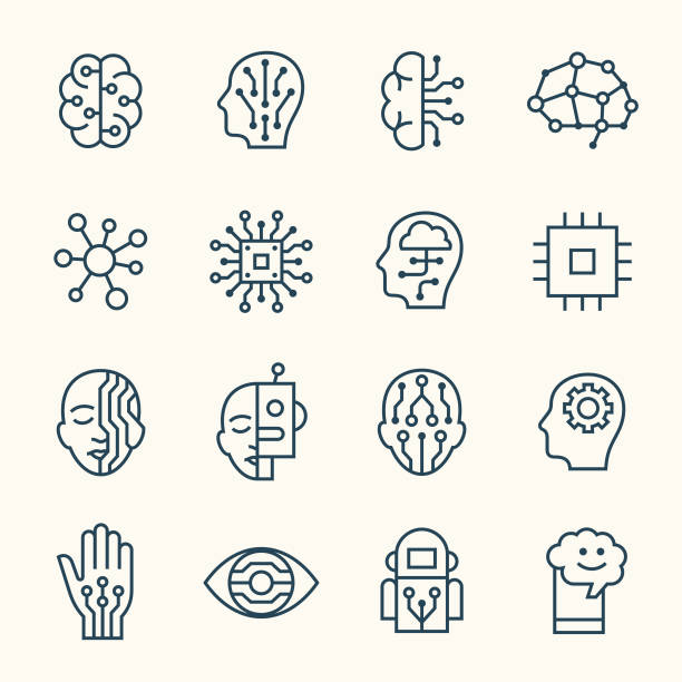 ilustraciones, imágenes clip art, dibujos animados e iconos de stock de iconos de línea de inteligencia artificial - inteligencia artificial