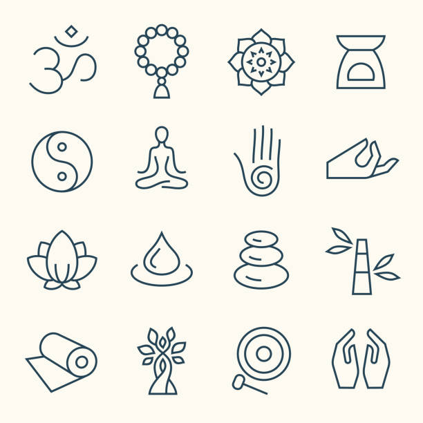 ilustraciones, imágenes clip art, dibujos animados e iconos de stock de iconos de la línea de meditación y yoga - meditation