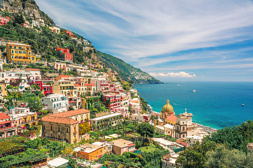 Aerial view of town Positano on Amalfi coast, Campania, Italy, Europe