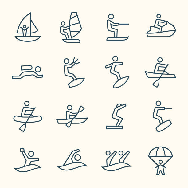 Water sports line icons Water sports line vector icon set kayak surfing stock illustrations