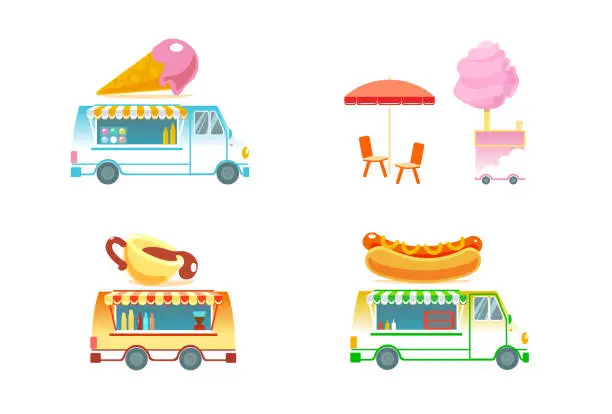 Vector illustration of Set of food trucks vector isolated illustration. Hot dog, coffee cup, cotton candy, ice cream van. Holiday city park restaurants. Street food car. Ready takeaway meal cafe kiosks cartoon background