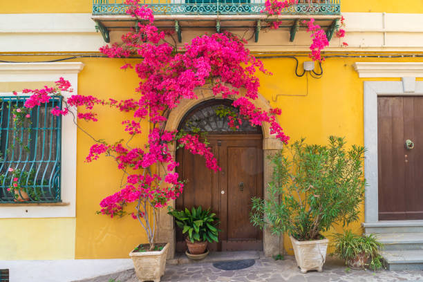 esterno della casa italiana con fiori di bouganville sul muro intorno alle porte della città di positano, costa amalfitana, campania - sorrento foto e immagini stock