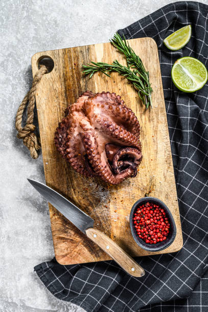 istock Grilled whole octopus on a cutting Board. Gray background. Top view 1254287095