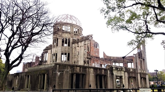 Hiroshima/Japan - March 18, 2017: Panoramic views of a destroyed building of Peace Memorial in Hiroshima in Japan