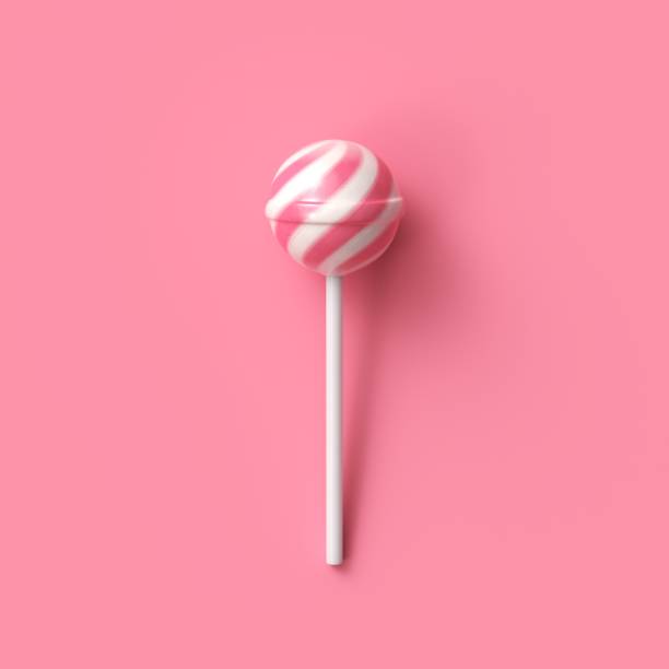 ピンクの背景にスティック上のストライプフルーツピンクと白ロリポップ - stick of hard candy candy stick sweet food ストックフォトと画像