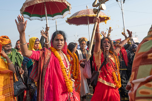 A group of hijras, wearing garlands and colourful women clothing, parade, raising their arms in triumph., while man hold parasols. Photo taken during Kumbh Mela 2019 in Prayagraj (Allahabad), India. Hijra are eunuchs, intersex and transgender people. They were gathered in an organization (Kinnar Akhada) and for the first time, they were allowed to set their own camp in the tent city, and had a major role on the processions, hence their joy and expressions of triumph.\nKumbh Mela or Kumbha Mela is a major pilgrimage and festival in Hinduism, and probably the greatest religious festival in the World. It is celebrated in a cycle of approximately 12 years at four river-bank pilgrimage sites: the Allahabad (Ganges-Yamuna Sarasvati rivers confluence), Haridwar (Ganges), Nashik (Godavari), and Ujjain (Shipra). The festival is marked by a ritual dip in the waters, but it is also a celebration of community commerce with numerous fairs, education, religious discourses by saints, mass feedings of monks or the poor, and entertainment spectacles. Pilgrims believe that bathing in these rivers is a means to cleanse them of their sins and favour a better next incarnation.