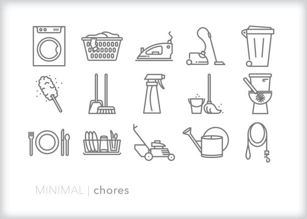 Home chores icon set Set of 15 line icons for cleaning the house and having family members do chores weekly or monthly tidy room stock illustrations