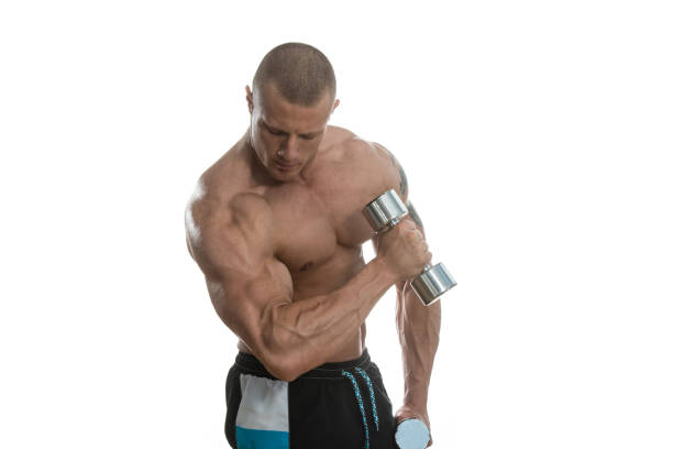 Man Working Out With Dumbbells On White Background Young Muscular Bodybuilder Guy Doing Exercises With Dumbbells Over White Background forearm tattoos men stock pictures, royalty-free photos & images
