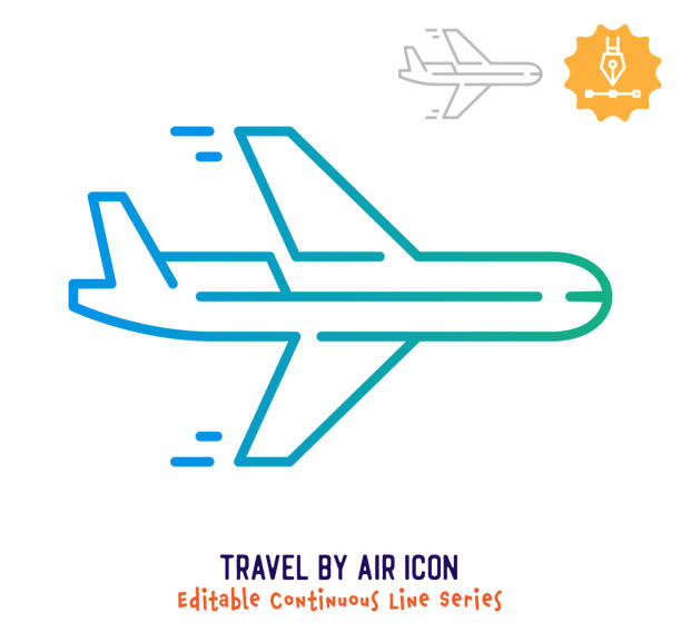 ilustraciones, imágenes clip art, dibujos animados e iconos de stock de viaje por línea continua de aire línea editable línea línea de trazo - global business taking off commercial airplane flying