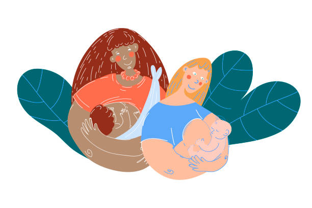 всемирная неделя грудного вскармливания, 1-7 августа. две женщины разных национальностей держат на руках новорожденного ребенка - human pregnancy earth globe mother stock illustrations