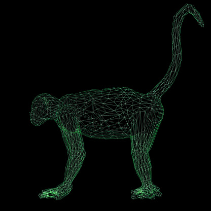 3d rendering wireframe polygonal monkey isolated on black