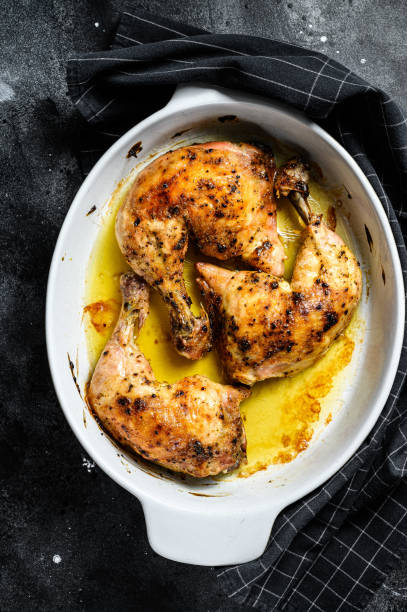 istock Fried chicken thighs, legs with spices. Black background. Top view 1254302343