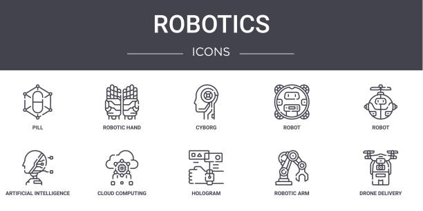 robotik-konzept-linien-symbole gesetzt. enthält symbole, die für web, logo, ui/ux wie roboterhand, roboter, künstliche intelligenz, hologramm, roboterarm, drohnenlieferung, roboter, cyborg verwendet werden können - usable stock-grafiken, -clipart, -cartoons und -symbole