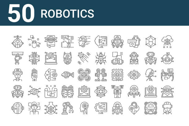 set of 50 robotics icons. outline thin line icons such as virtual reality glasses, robot, robot, virtual reality glasses, robotic arm, pill, robotic legs set of 50 robotics icons. outline thin line icons such as virtual reality glasses, robot, robot, virtual reality glasses, robotic arm, pill, robotic legs robotics stock illustrations