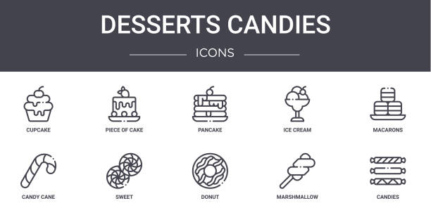 desery cukierki koncepcji linii ikony zestawu. zawiera ikony nadają się do sieci, logo, ui / ux, takie jak kawałek ciasta, lody, trzcina cukrowa, pączek, marshmallow, cukierki, makaroniki, naleśniki - waffle breakfast syrup plate stock illustrations
