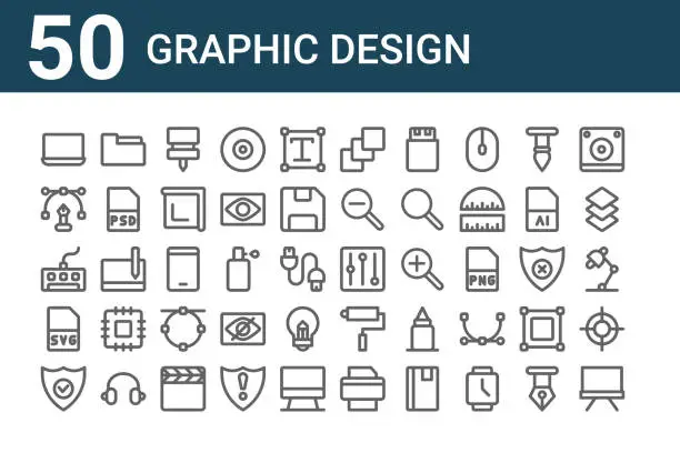 Vector illustration of set of 50 graphic design icons. outline thin line icons such as canvas, protection, svg, keyboard, , folder, equalizer, artboard, smartphone, paint roller