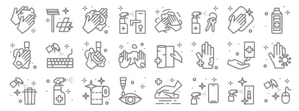 hygiene line icons. linear set. quality vector line set such as mouse, smartphone, eye drops, trash, hand sanitizer, hand wash, alcohol, hand wash, floors hygiene line icons. linear set. quality vector line set such as mouse, smartphone, eye drops, trash, hand sanitizer, hand wash, alcohol, hand wash, floors paper towel stock illustrations